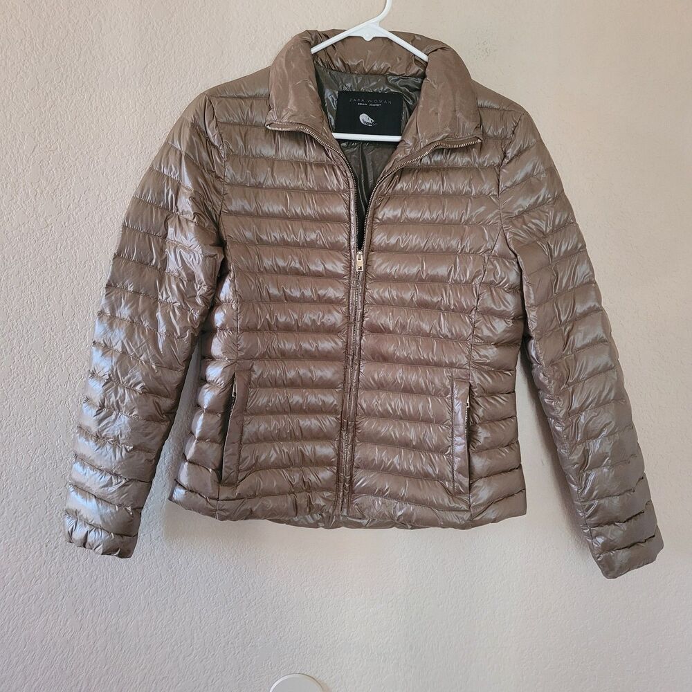 Zara Womans Small Down Taupe Gold Puffer Jacket Packable Lightweight Pockets